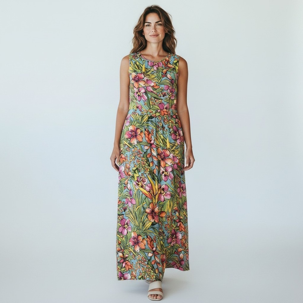Tropical Floral Maxi Dress Blue Pink Orange Sleeveless Summer Vacation Dress